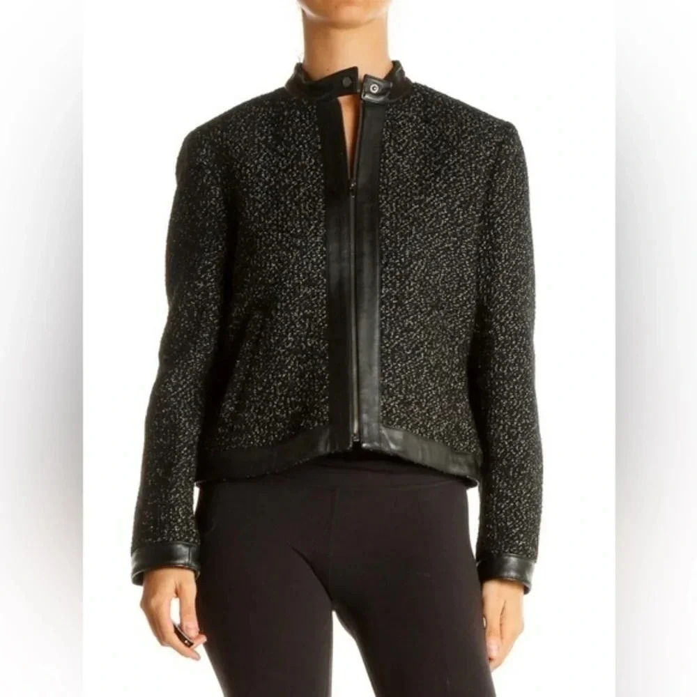 Vintage Jones New York Black Marled Virgin Wool Tweed Motorcycle Jacket Size 10